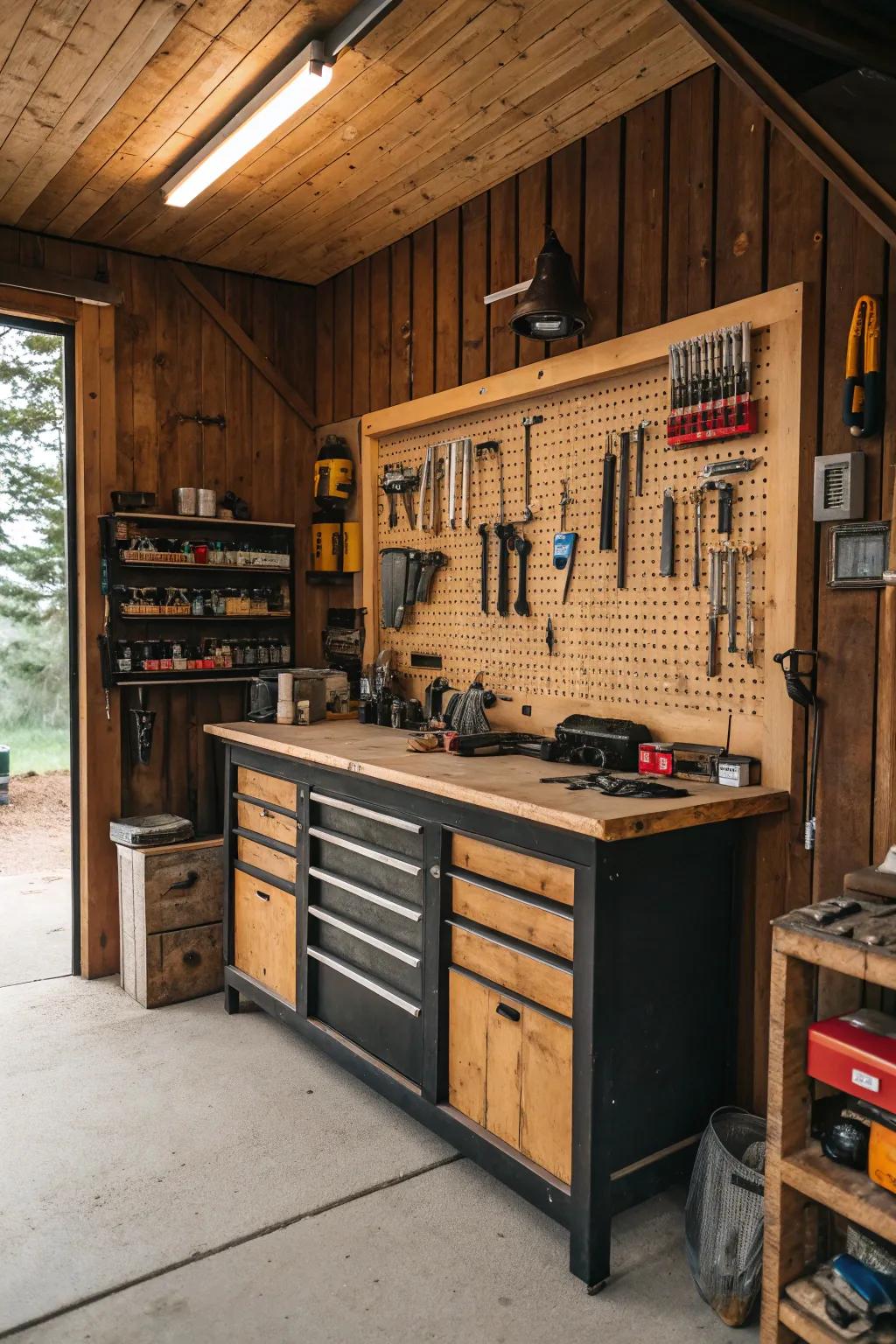 A functional workspace within a rustic garage, featuring a workbench.