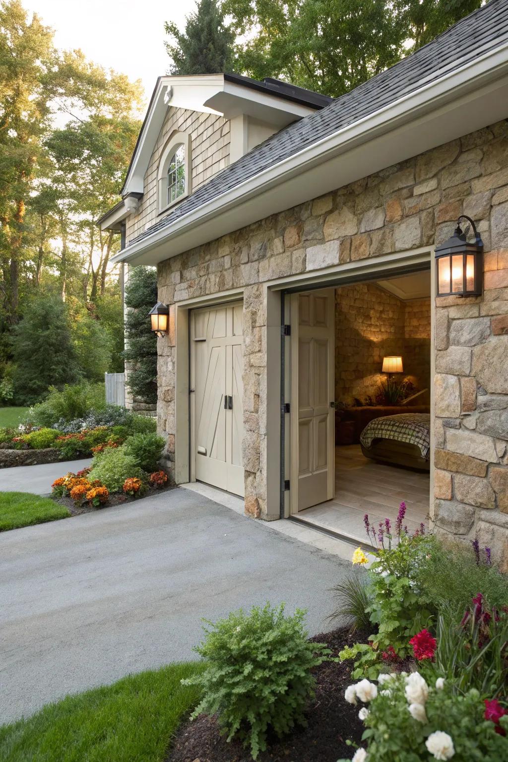 A stone accent wall creates a striking focal point.