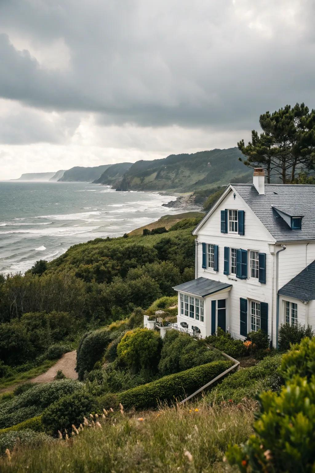 Navy shutters offer a classic yet daring touch to this coastal home.