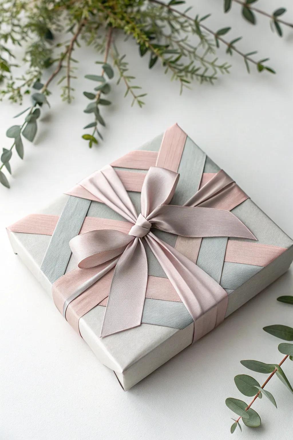 Elevate your gift wrapping with artistic ribbon layers and criss-cross designs for a touch of minimalist elegance. ðâ¨