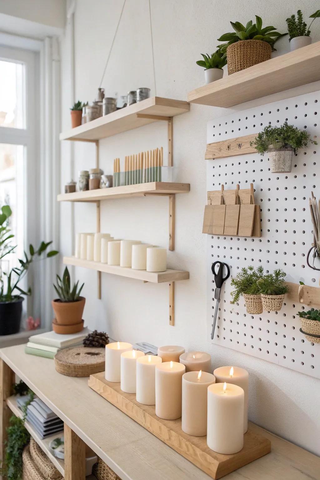 Elevate your candle making studio with stylish vertical storage solutions that blend Scandinavian simplicity and Boho charm.