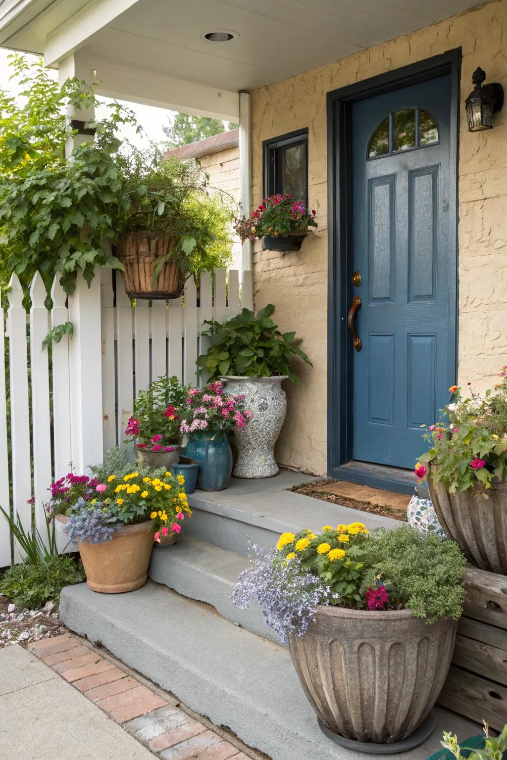 Enhance your porch with creative planter arrangements.