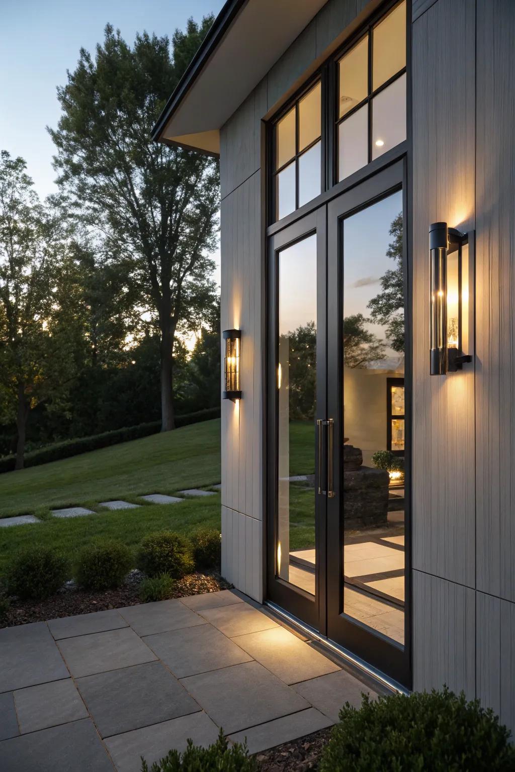 Contemporary wall sconces enhancing a modern entrance.
