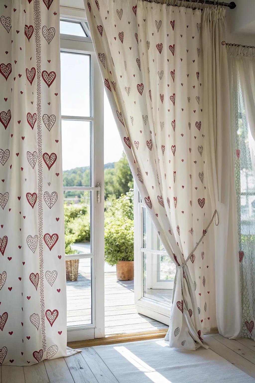 Heart-patterned curtains adding a romantic touch to the room.