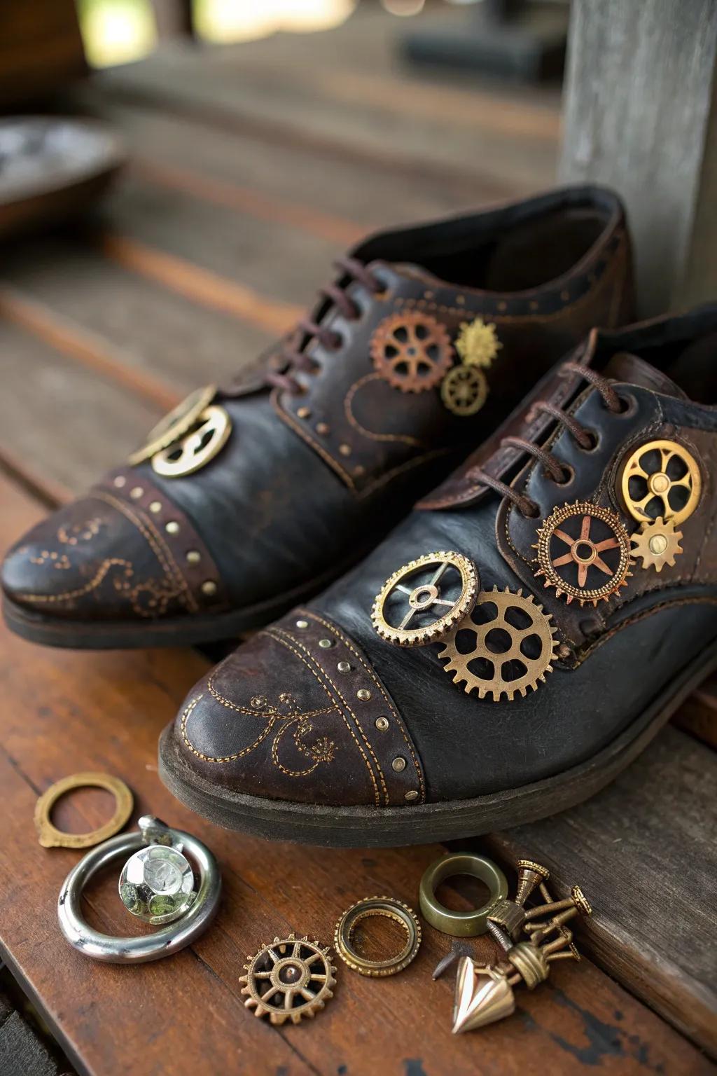 Step into style: Steampunk shoes that double as unique ring holders.
