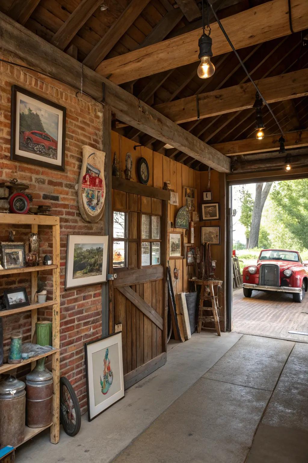 Rustic art adds personality to a garage space.