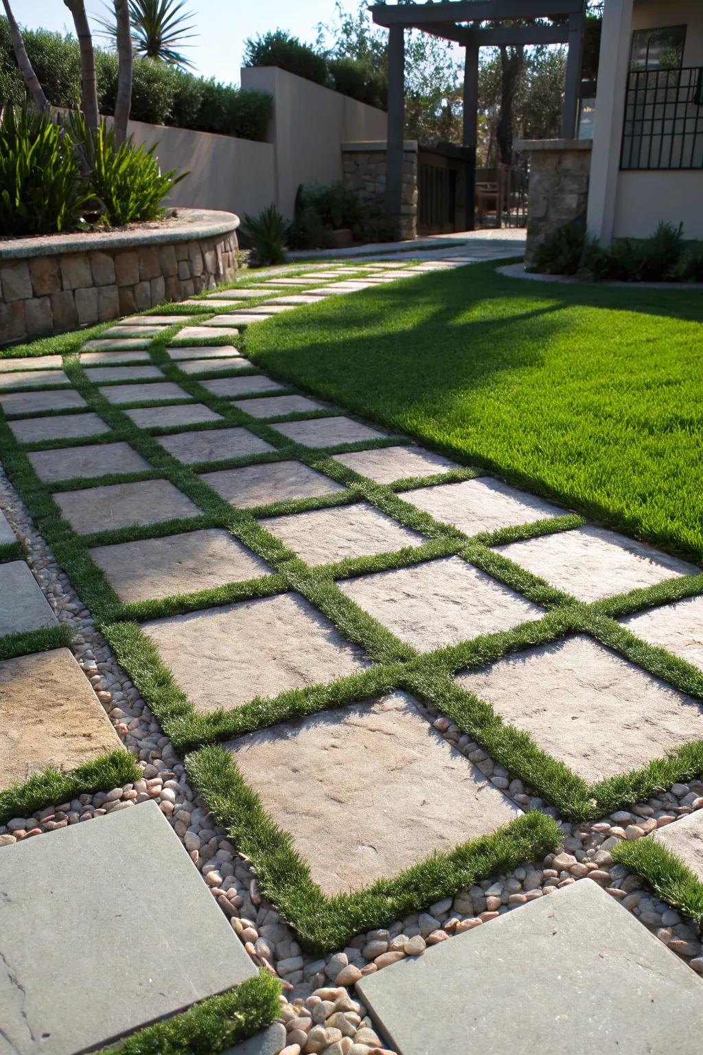 Elevate your garden with expertly crafted pathways that combine the elegance of stone pavers and the freshness of artificial grass.