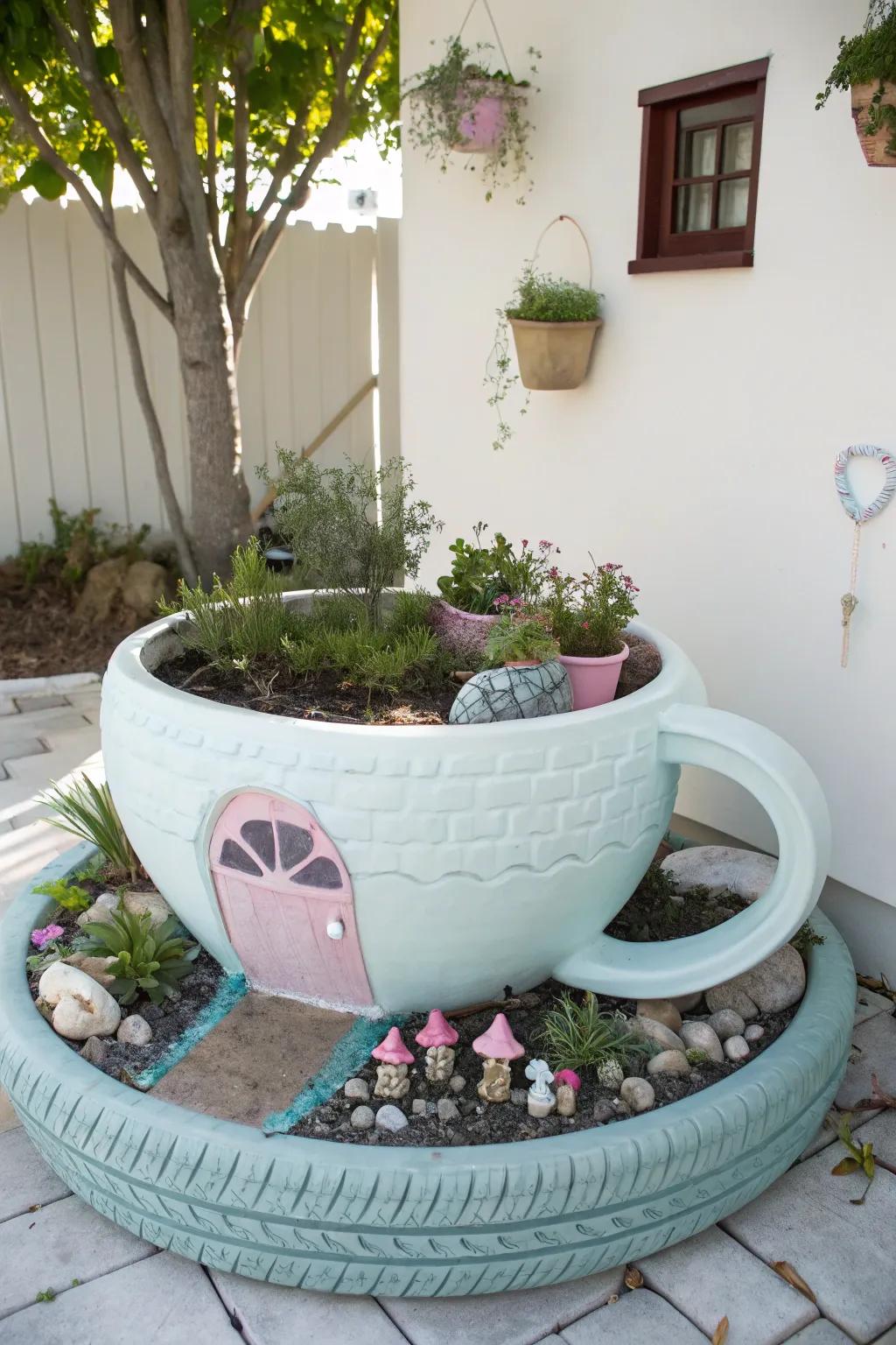 Transform an old tire into a magical teacup garden centerpiece that delights the eye and the imagination.