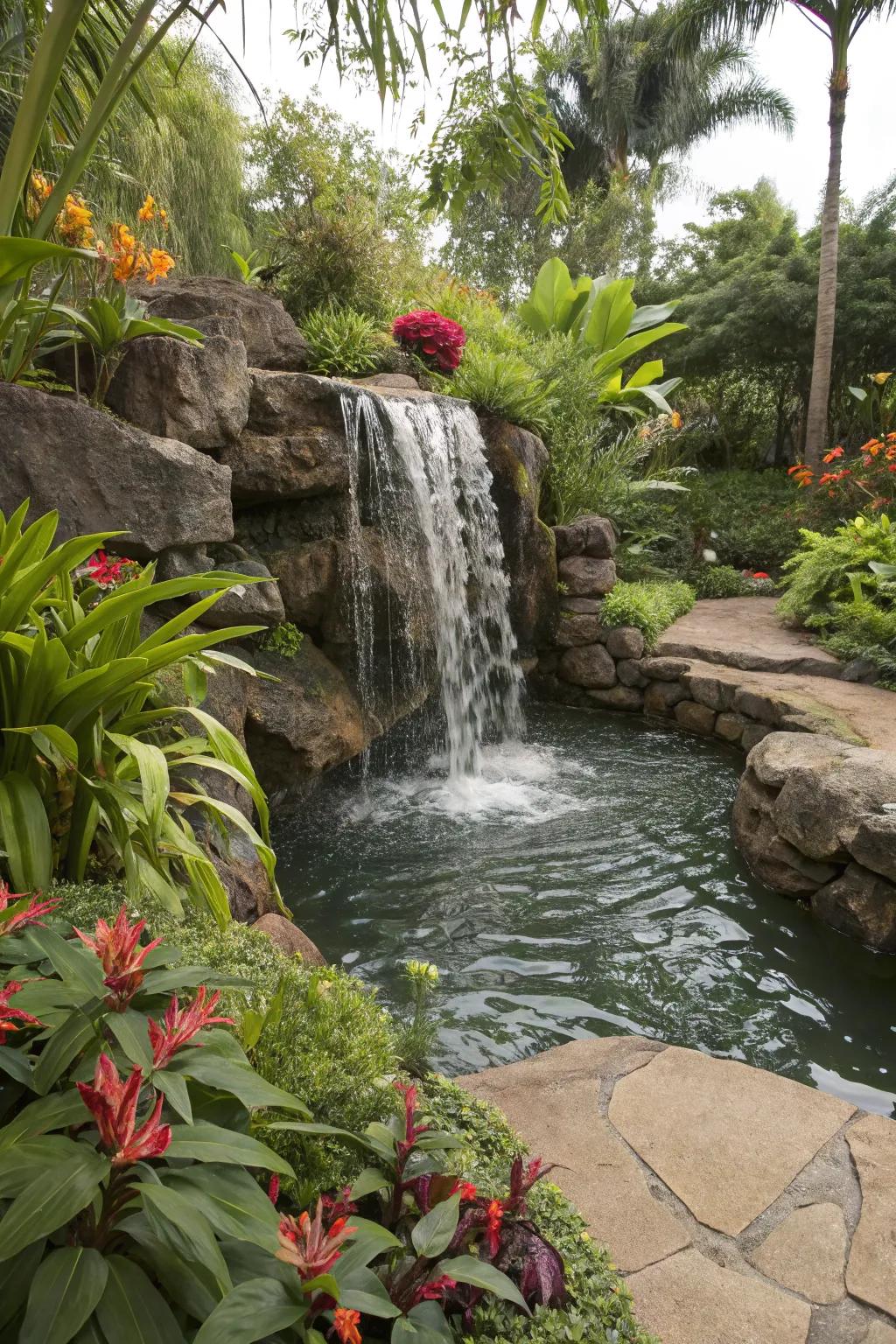 A cascading waterfall adds drama and tranquility.