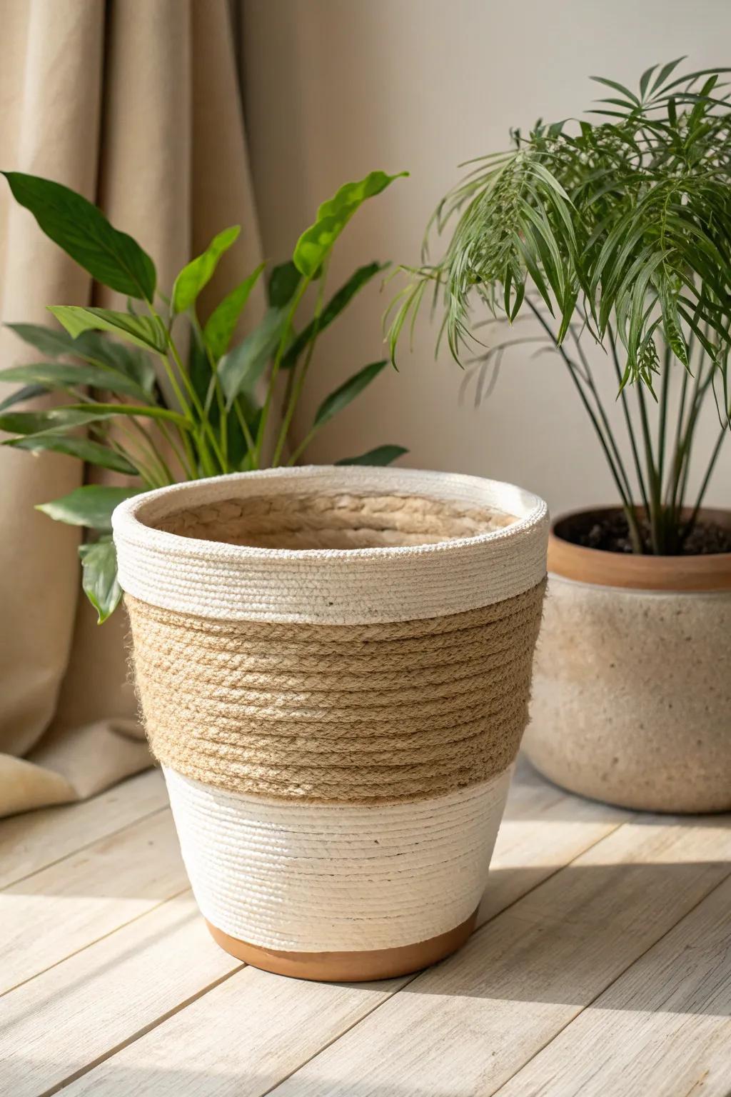 Elevate your plant styling with a rustic yet elegant layered texture pot, blending burlap and clay for a unique touch.