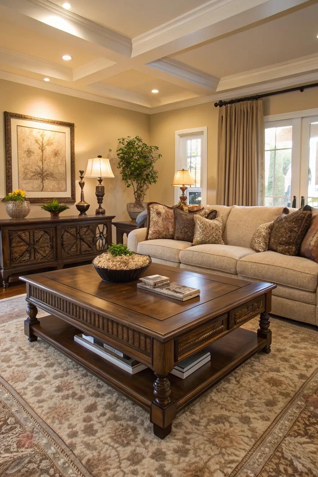 A coordinated coffee table ties together the room's design elements.