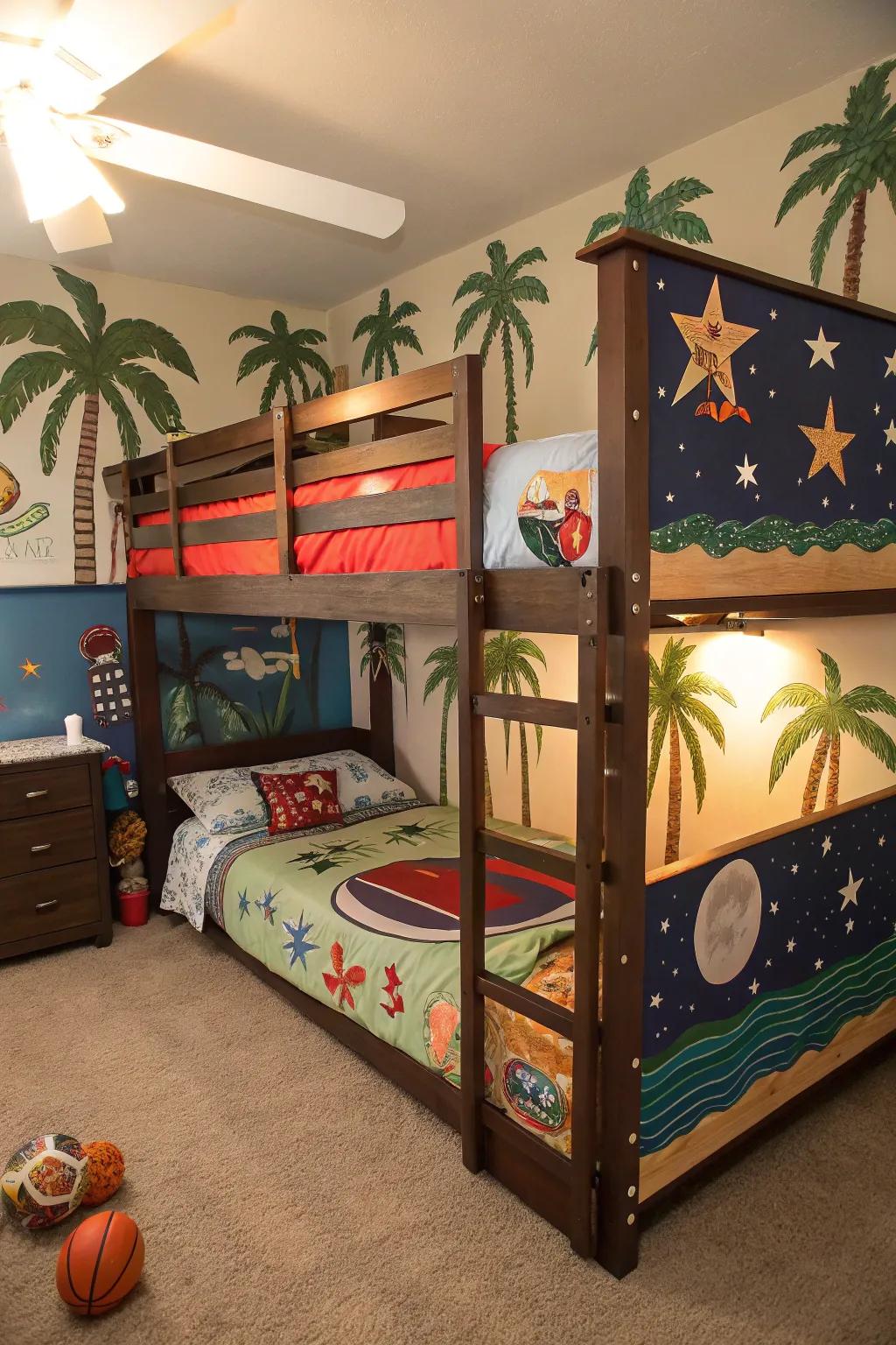 Quad bunk beds individually themed for a personalized and vibrant room experience.
