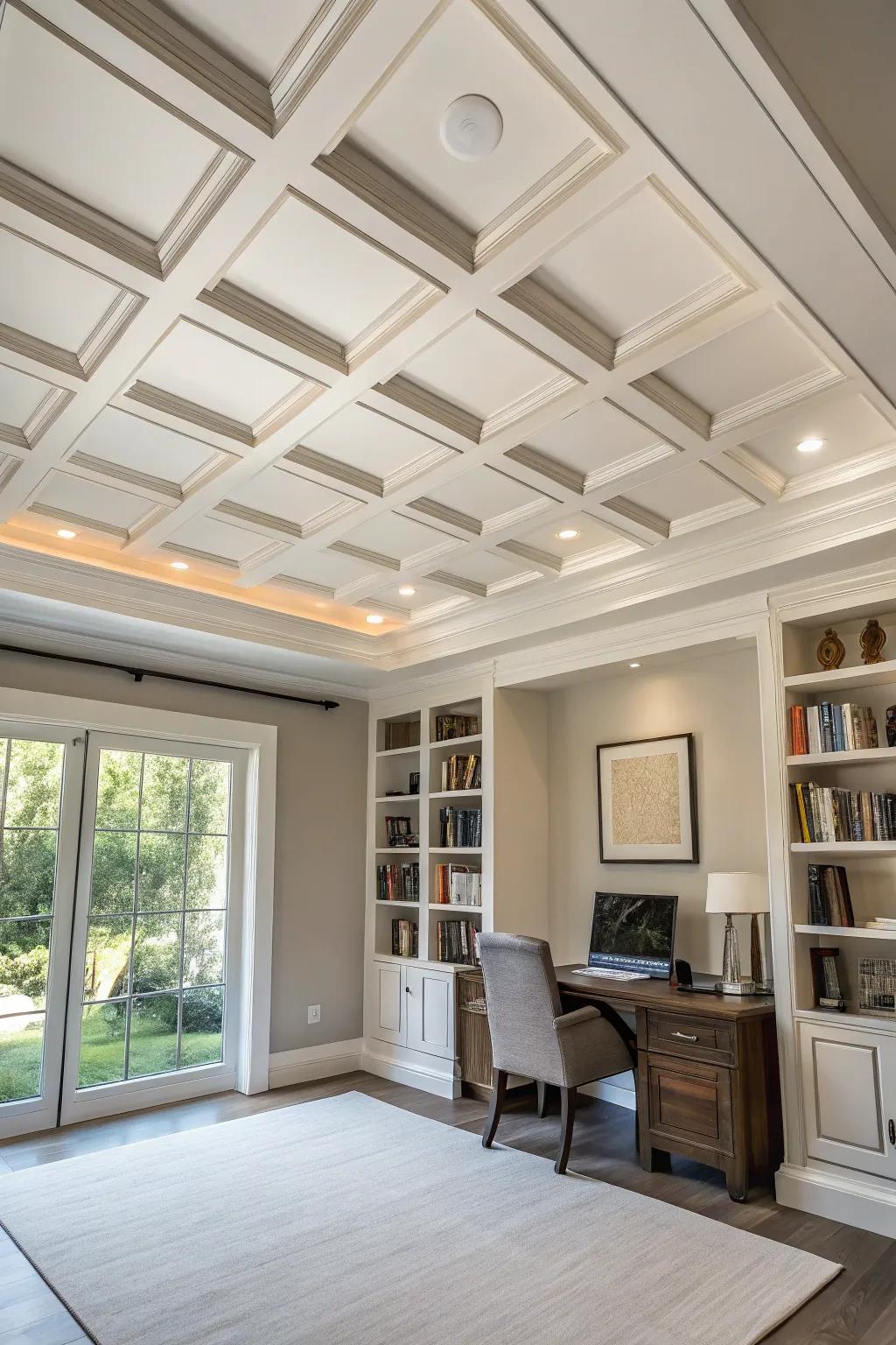 A simple grid pattern adds structure to a coffered ceiling.