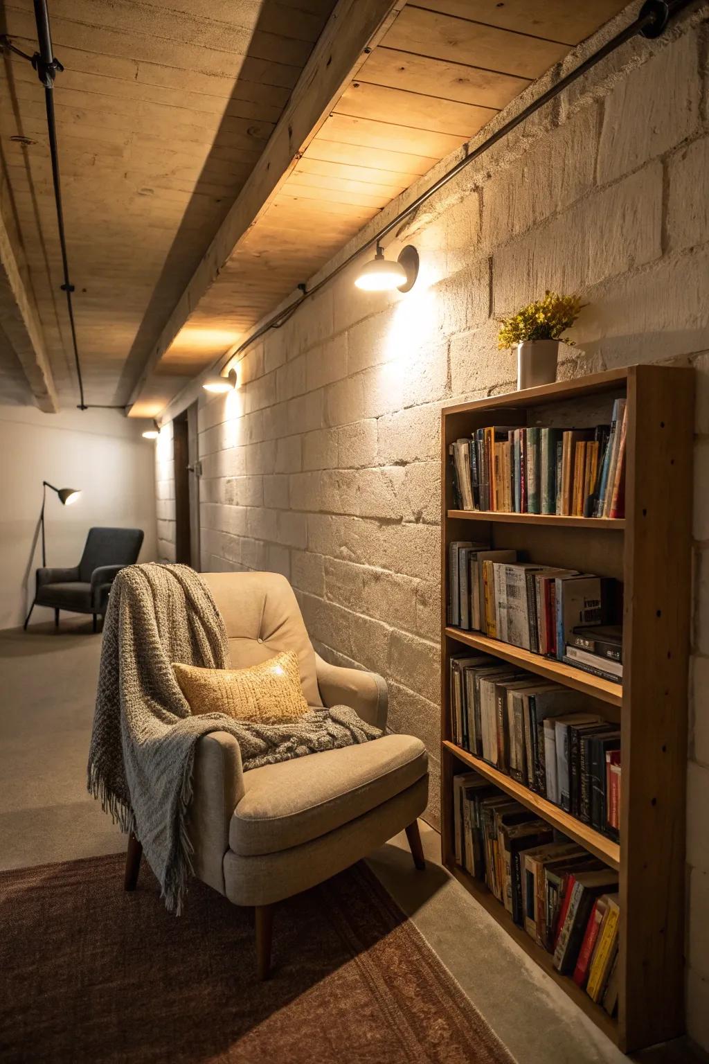A cozy reading nook transforms a narrow corner into a peaceful retreat.