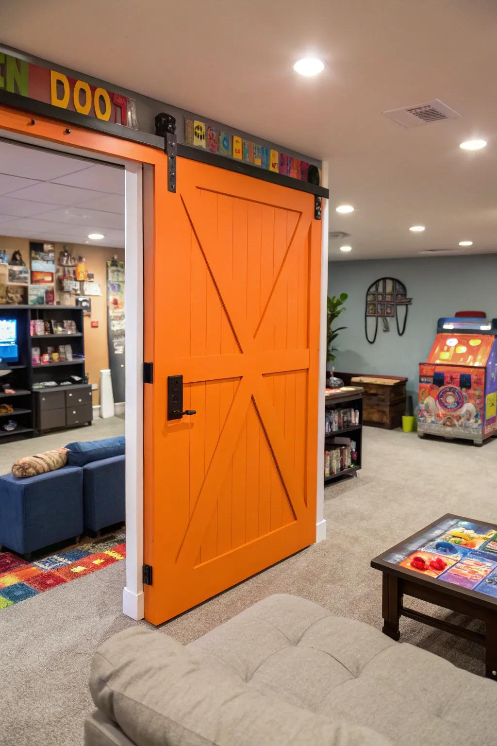 Orange barn doors bring energy and fun to spaces.