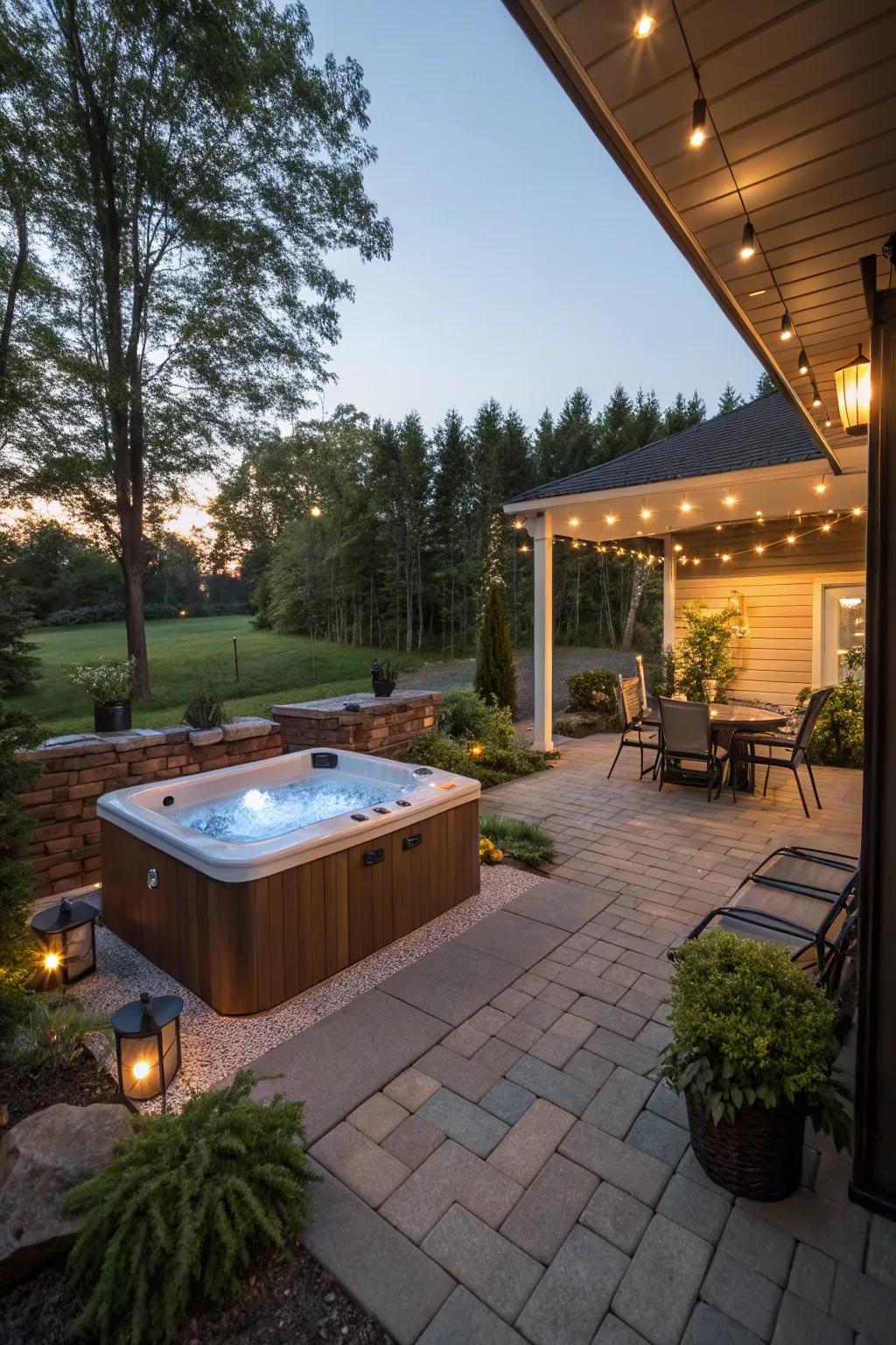 A luxurious hot tub on a walkout basement patio, perfect for relaxation.
