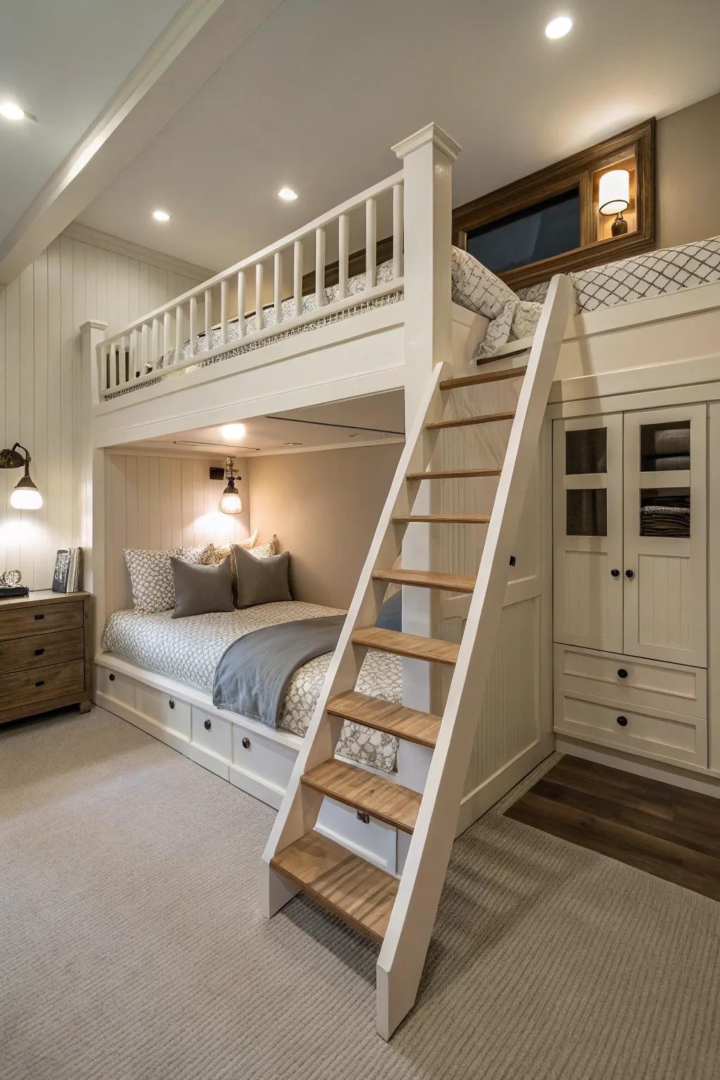 A chic ladder and staircase add style and functionality to these quad bunk beds.