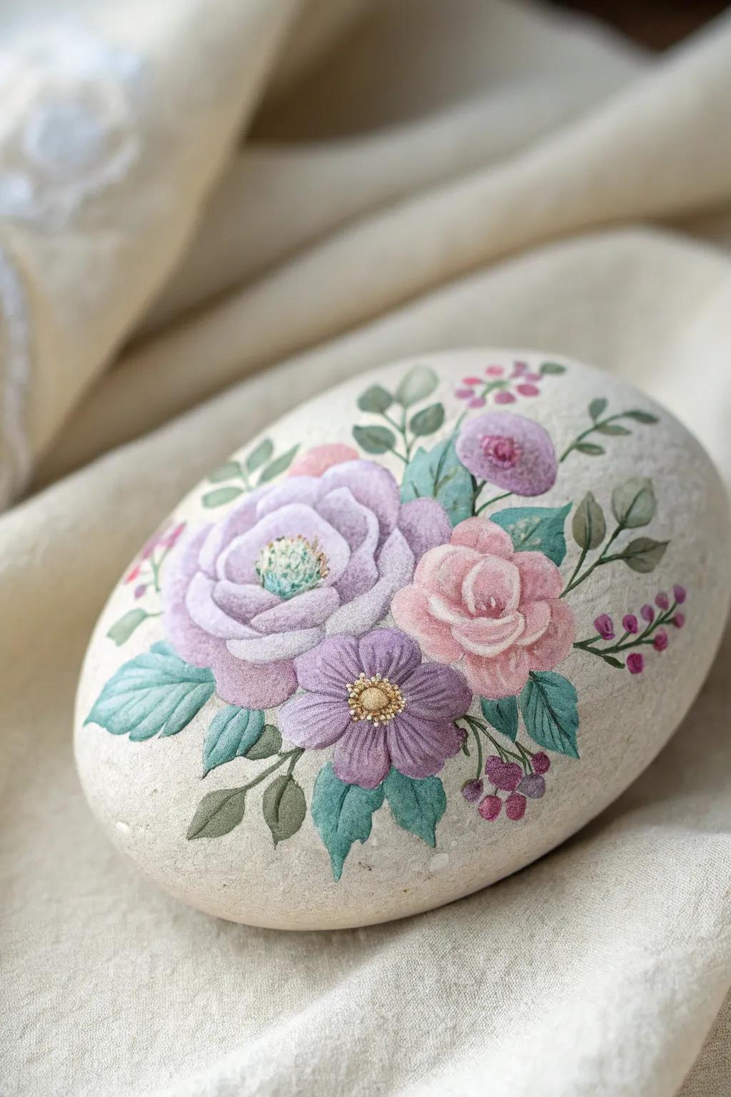 Embrace tranquility with pastel flower rock art, perfect for your serene space.