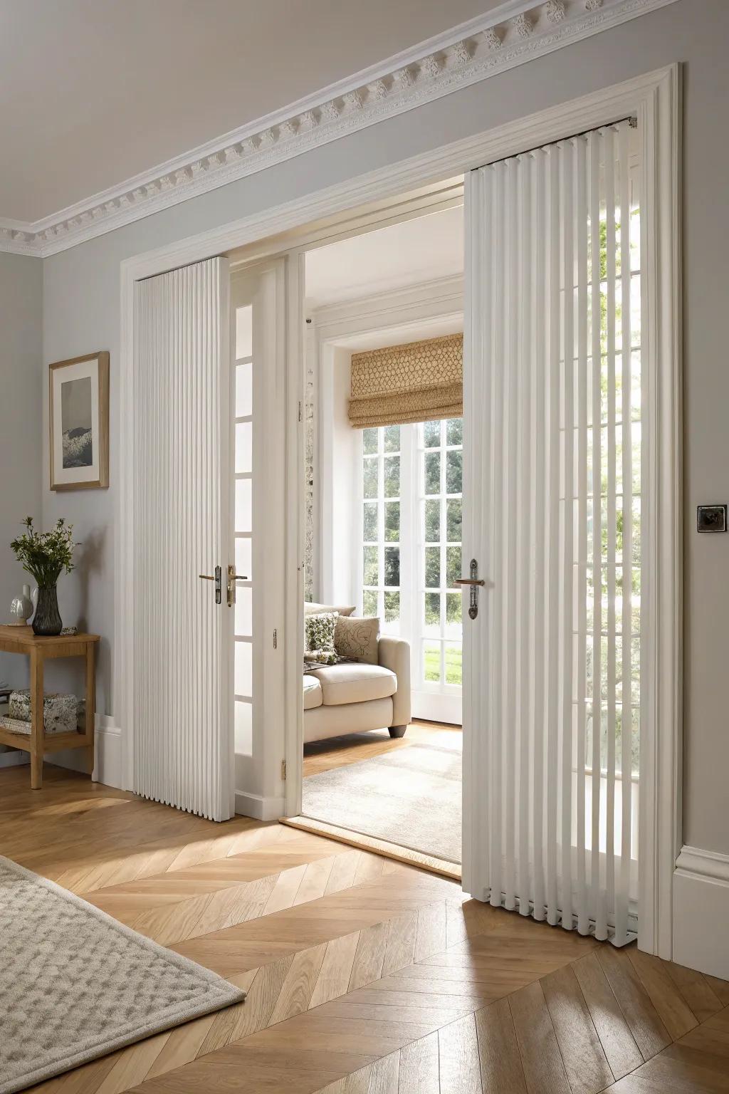 Vertical blinds providing modern simplicity to French doors.