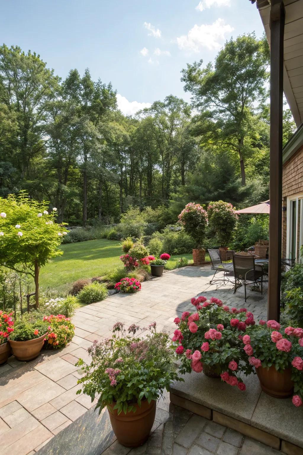 A walkout basement patio enveloped by vibrant greenery.