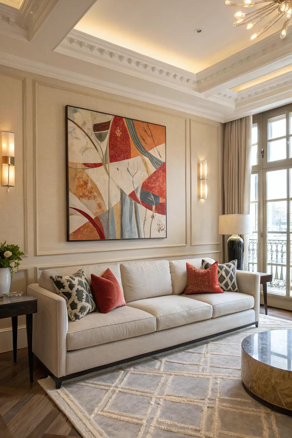 Decorative wall art adding character to a contemporary living room.