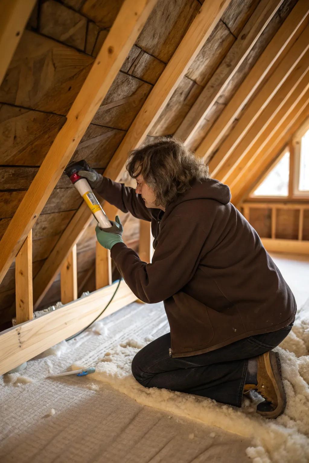 Sealing attic leaks to prevent heat loss.
