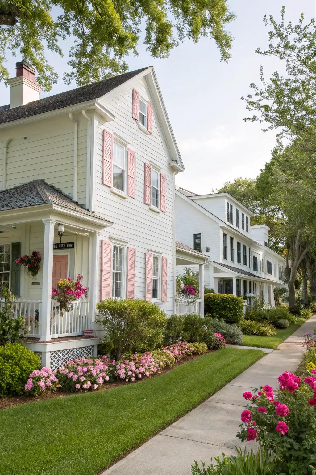 Light pink shutters add a whimsical charm to this lively home.