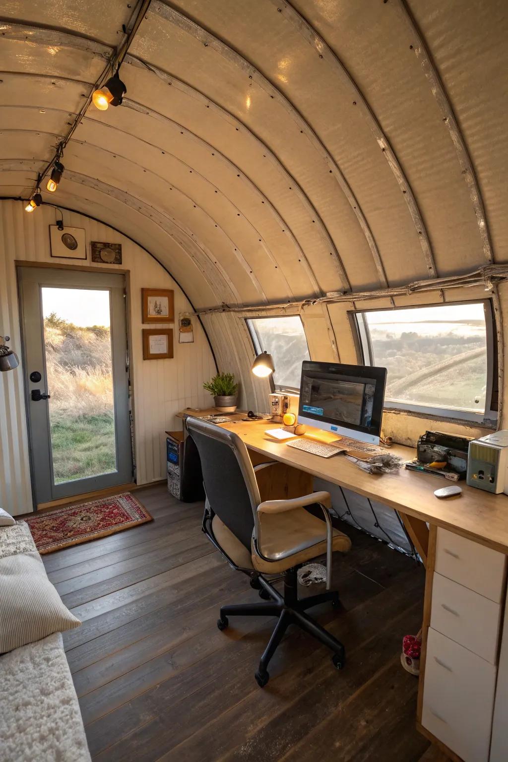 A cozy and productive home office inside a Quonset hut.