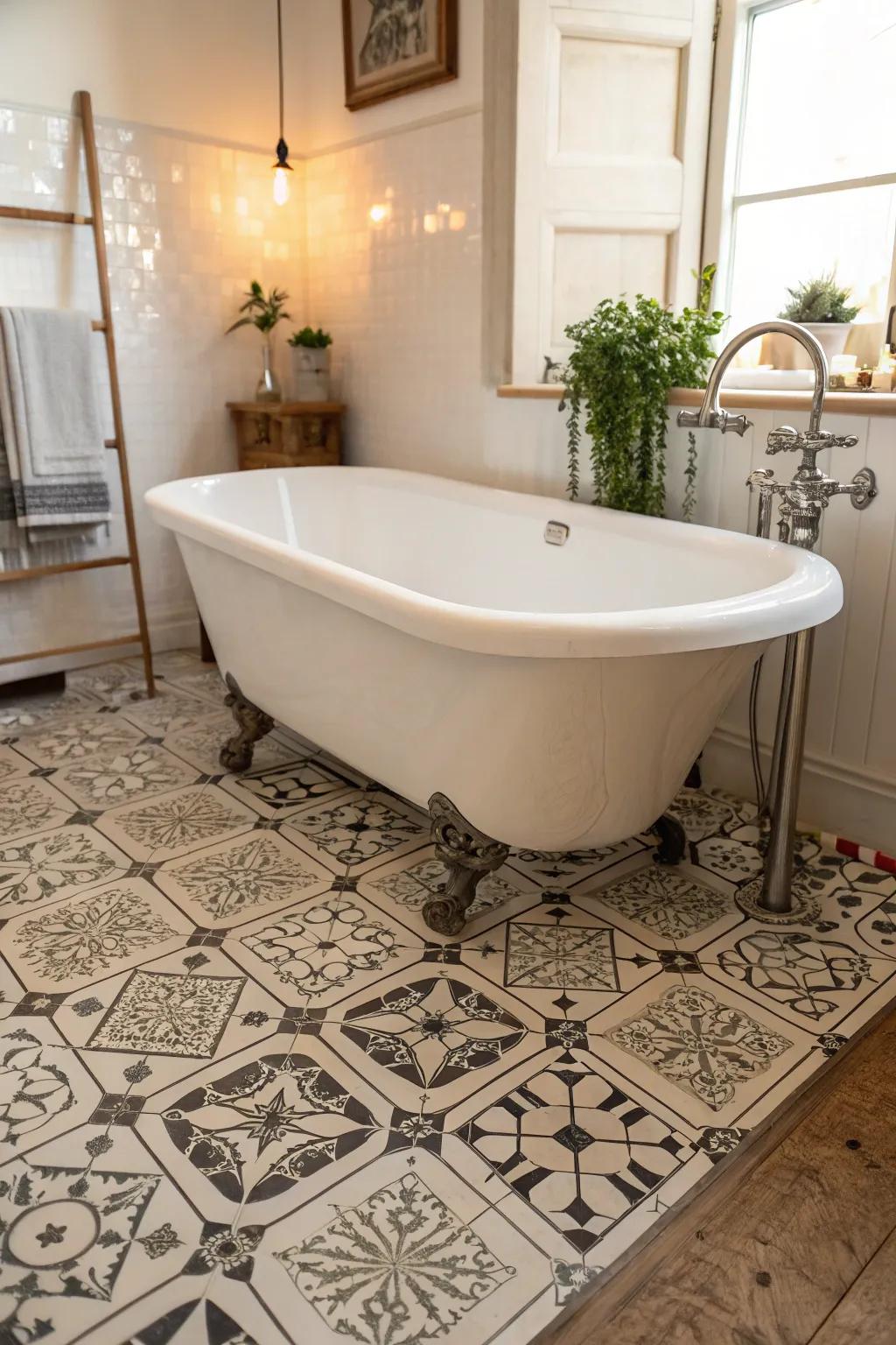 Patterned flooring adds a unique flair to the space.