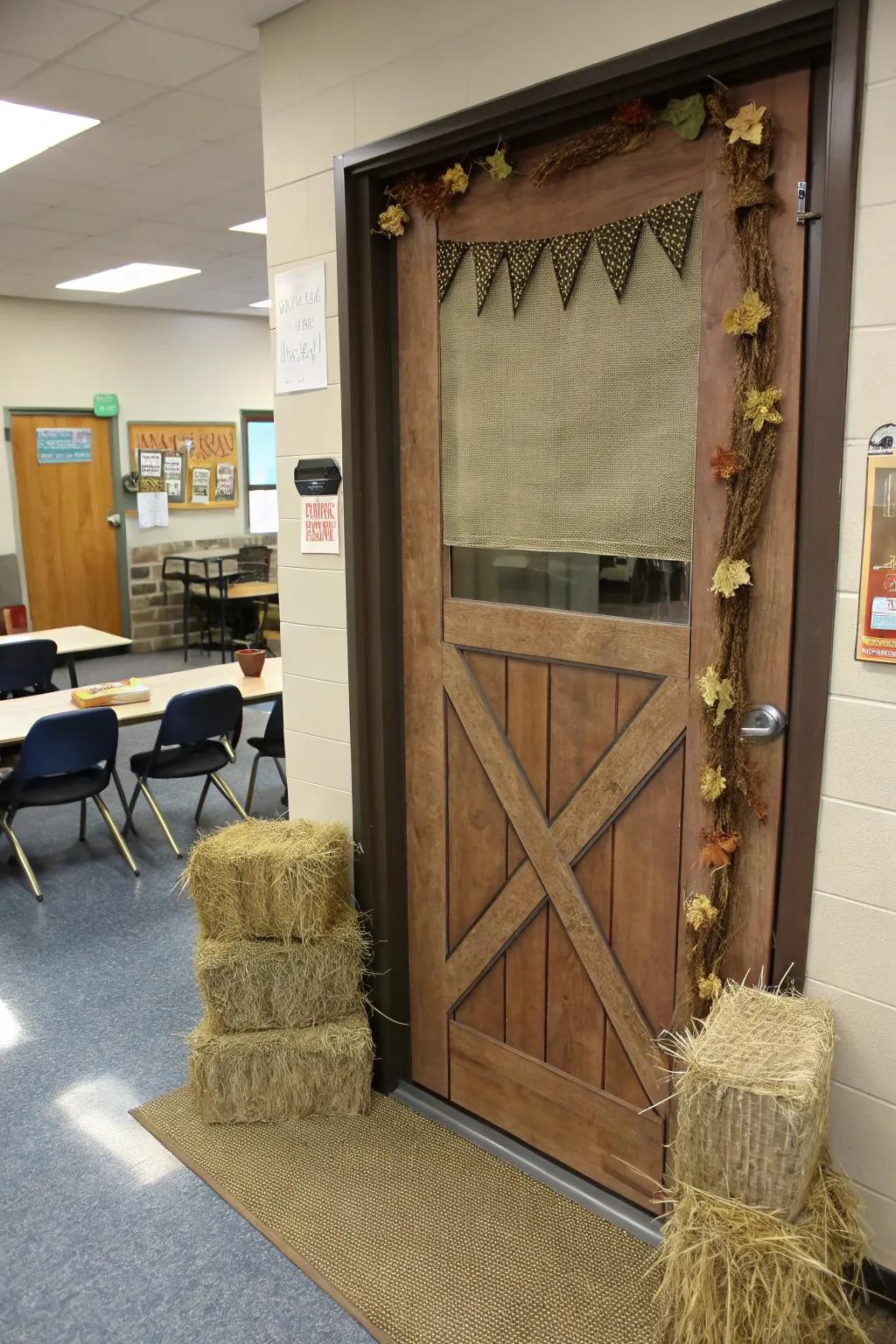 Rustic elements bring a cozy farm feel to the classroom door.