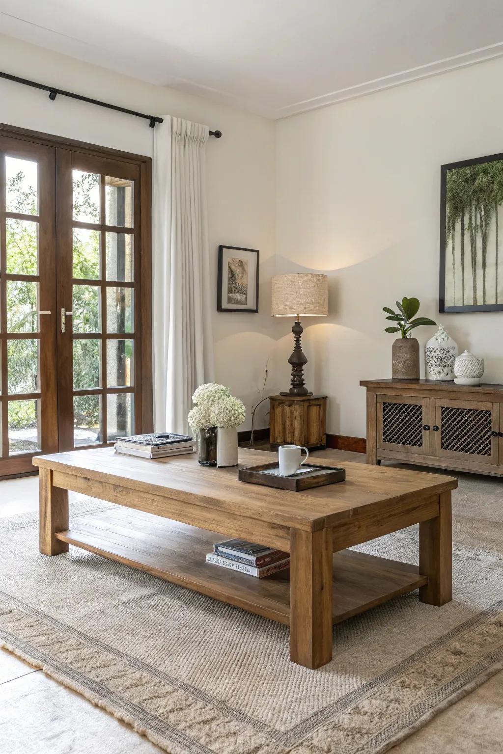 A wooden bench offers a minimalist touch as a coffee table alternative.