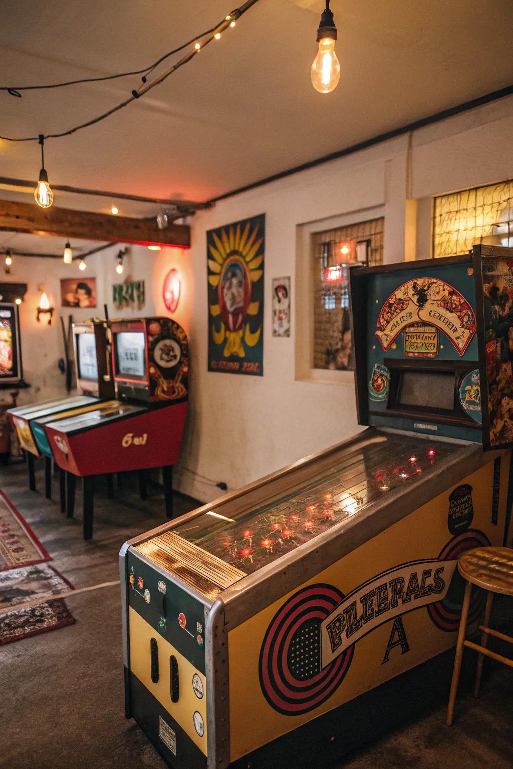 A vintage skeeball machine adds charm and fun to the space.