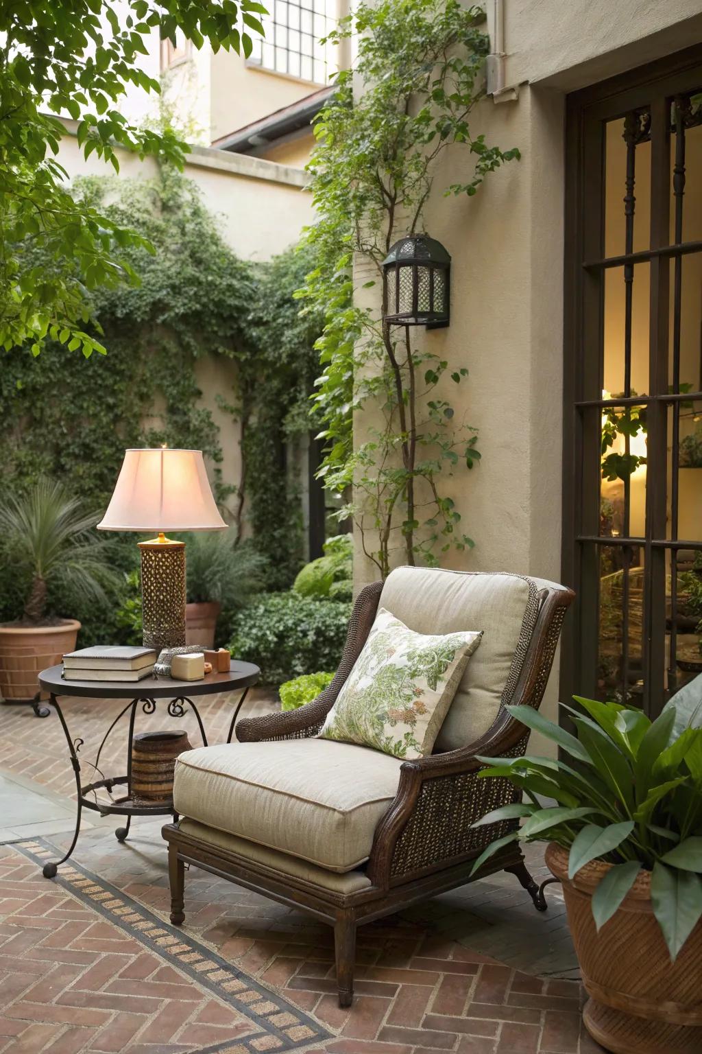 A reading nook offers a peaceful retreat in this courtyard patio.
