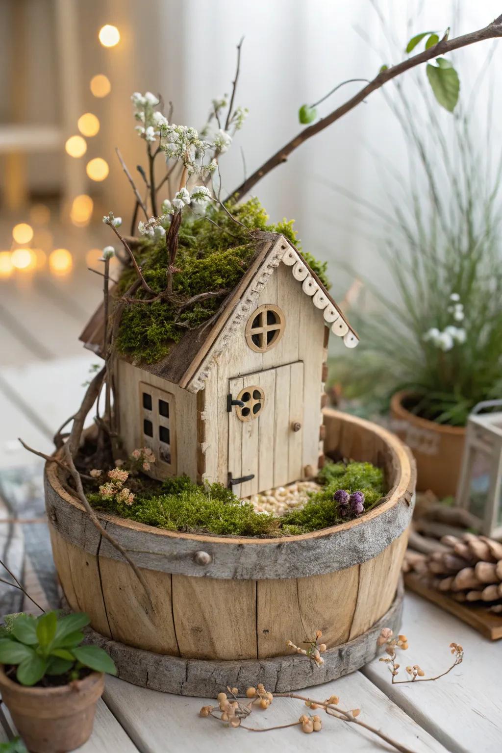 Step into a world of whimsy with this charming storybook cottage nestled in a pot. Perfect for adding a dash of enchantment to any space.