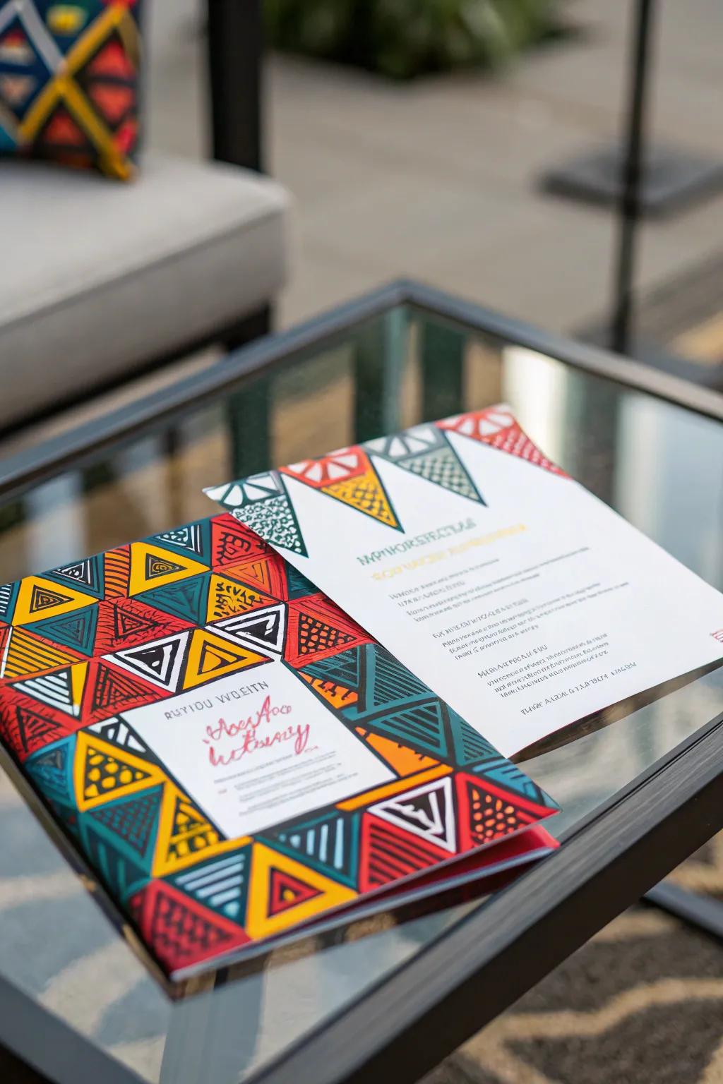 A contemporary invitation with bold geometric patterns.