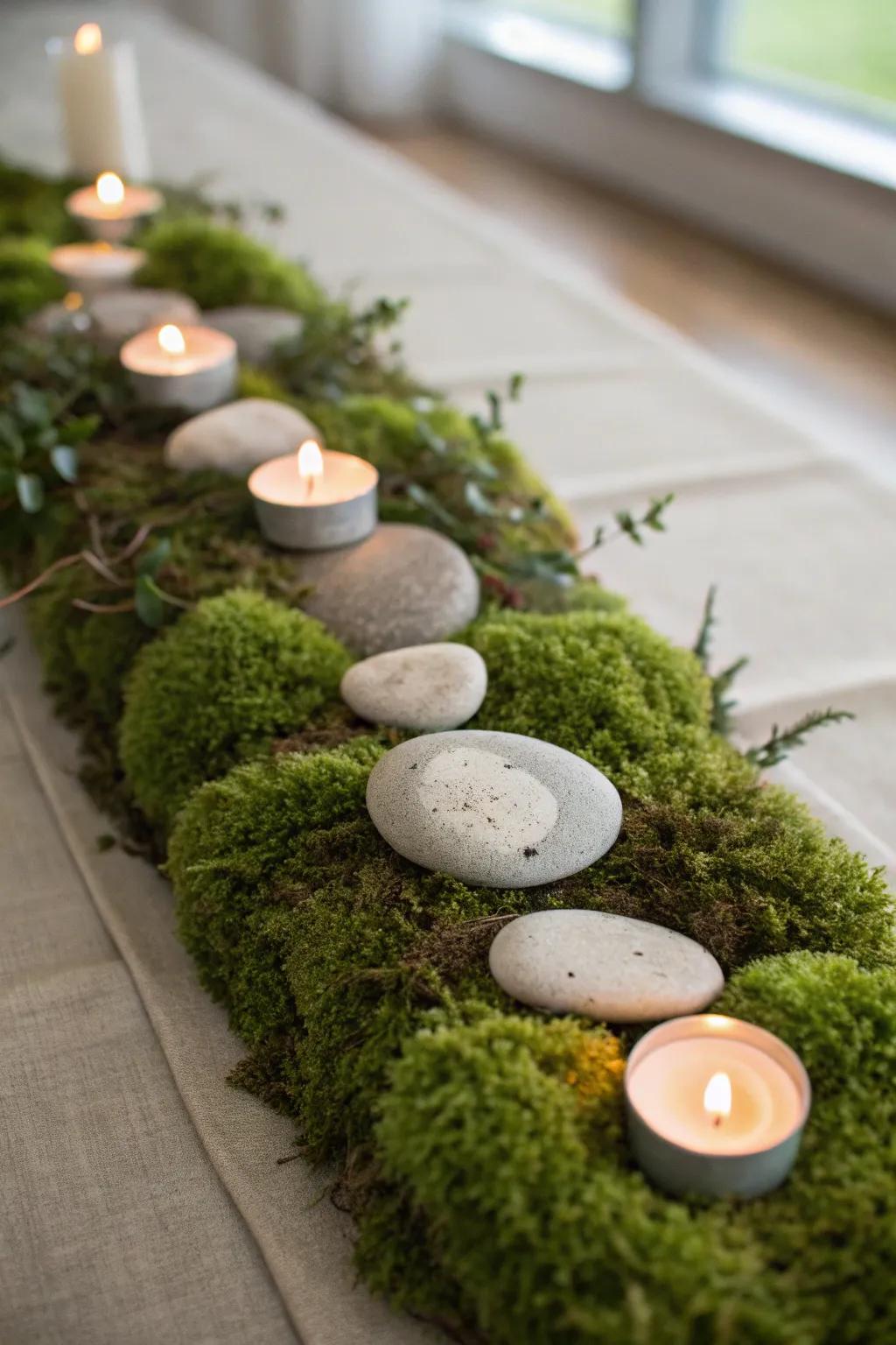 Create your own enchanted forest path with smooth stones and candlelight magic.
