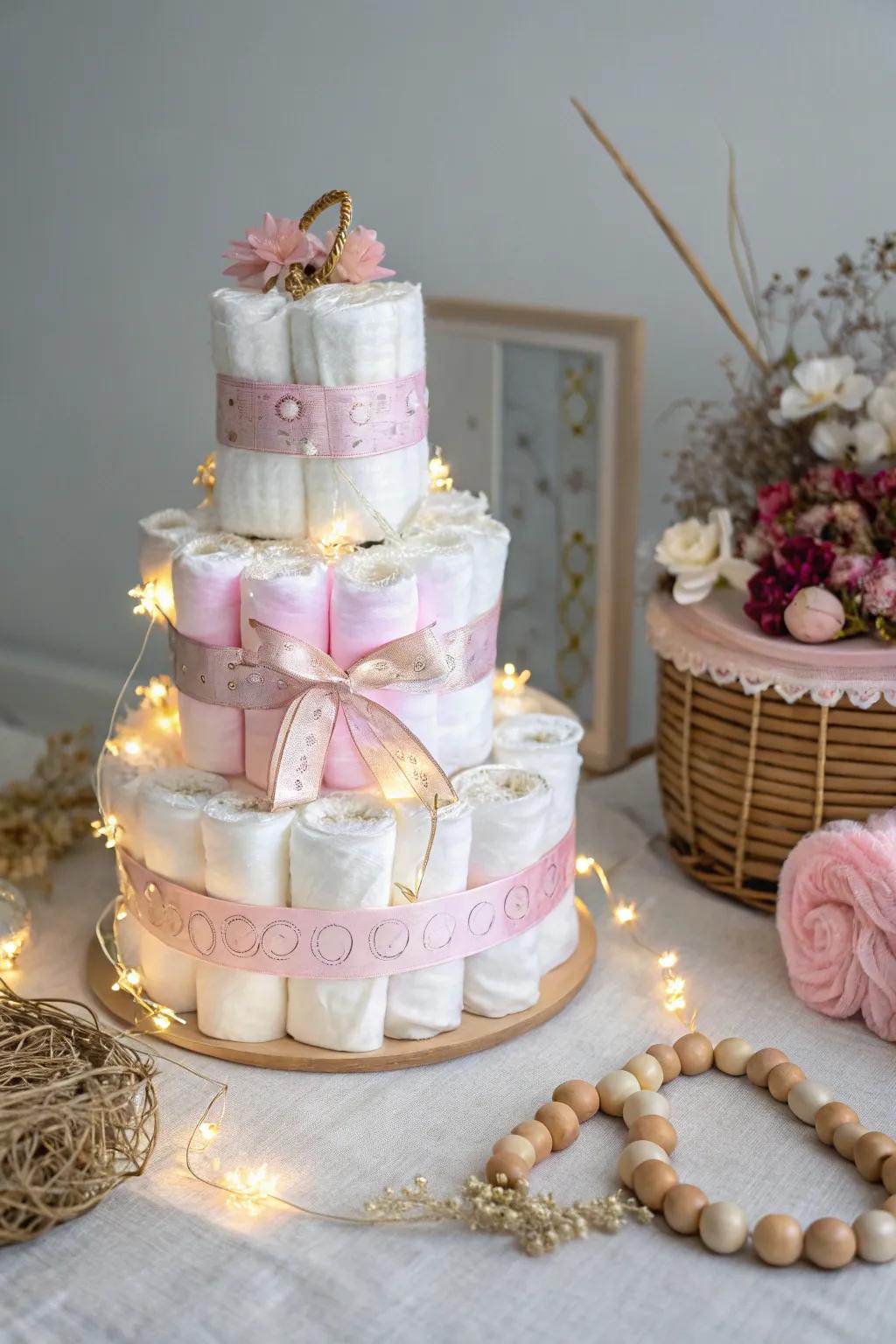 Illuminate your little one's celebration with a touch of magic â discover the enchanting glow of fairy lights in a princess diaper cake.