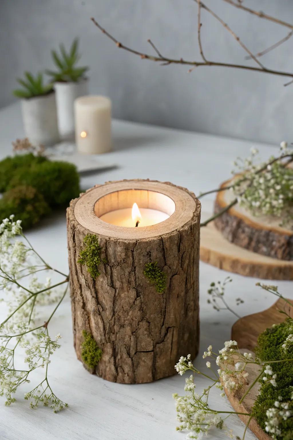 Bring a touch of nature indoors with these enchanting wood log votive holders, perfect for a cozy, magical ambiance.