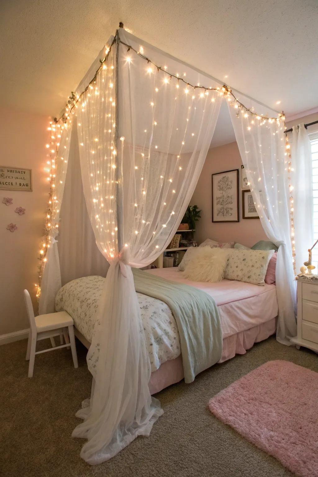 A curtain panel bed canopy creates a dreamy bedroom retreat.