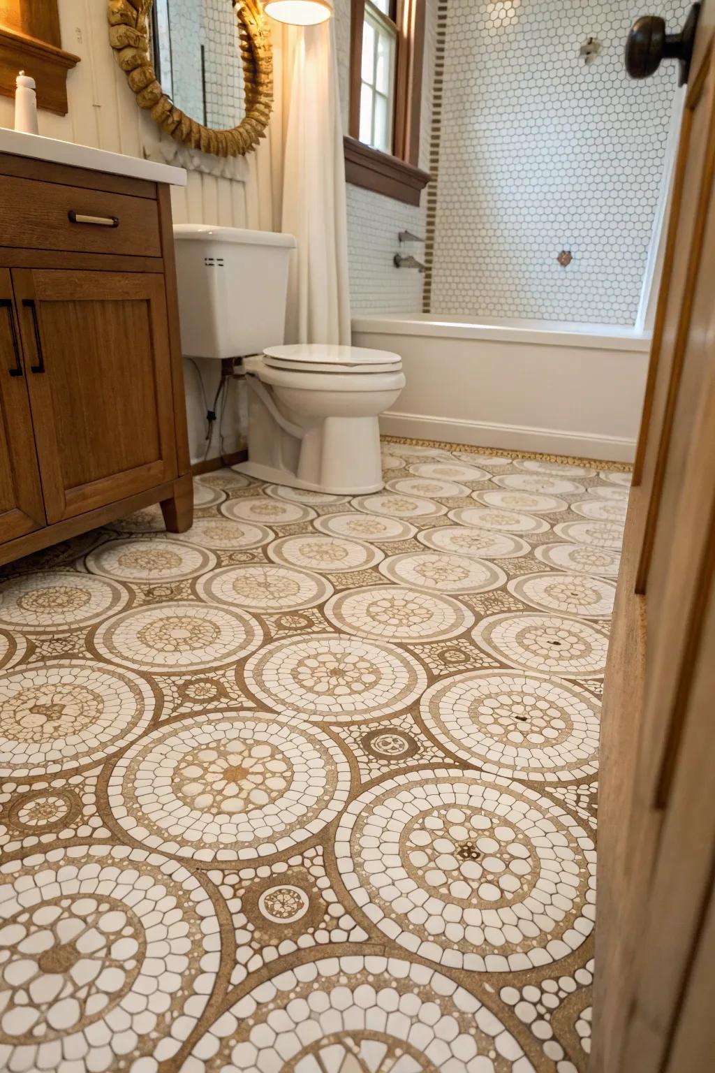 A beautifully detailed bathroom with penny round tiles forming a vintage pattern.