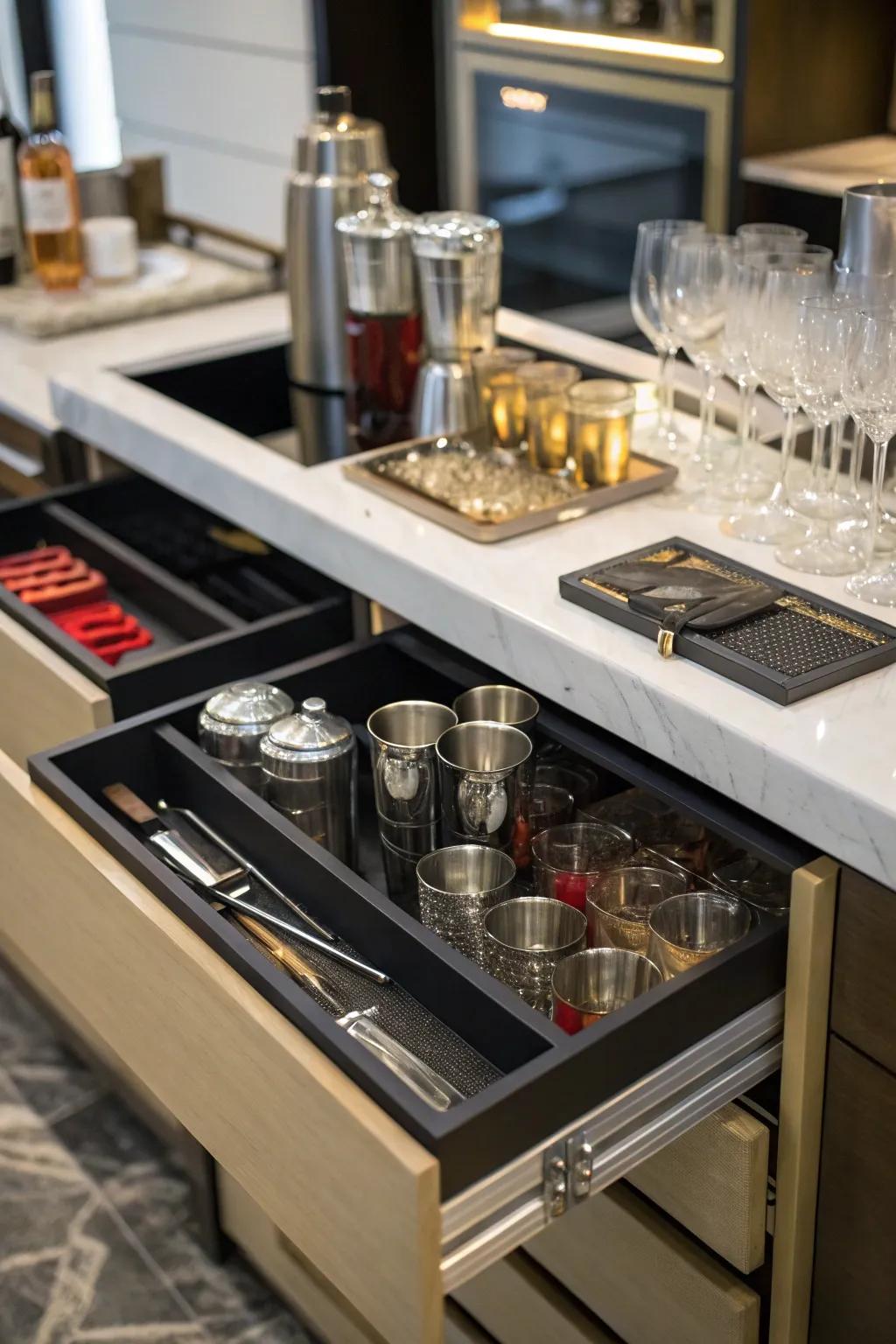Drawers provide hidden storage for your bar necessities.
