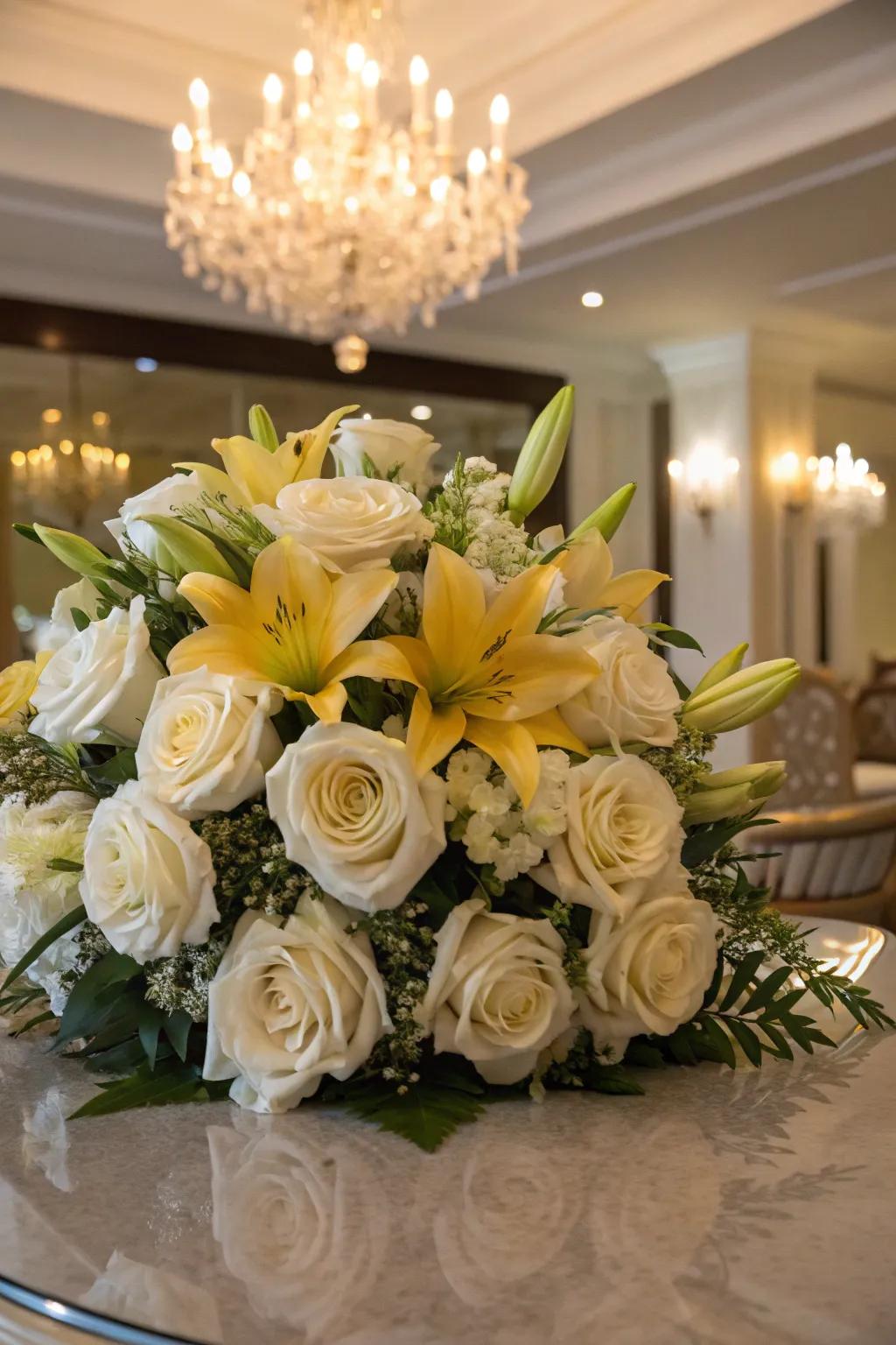 A floral centerpiece with white roses and golden lilies.