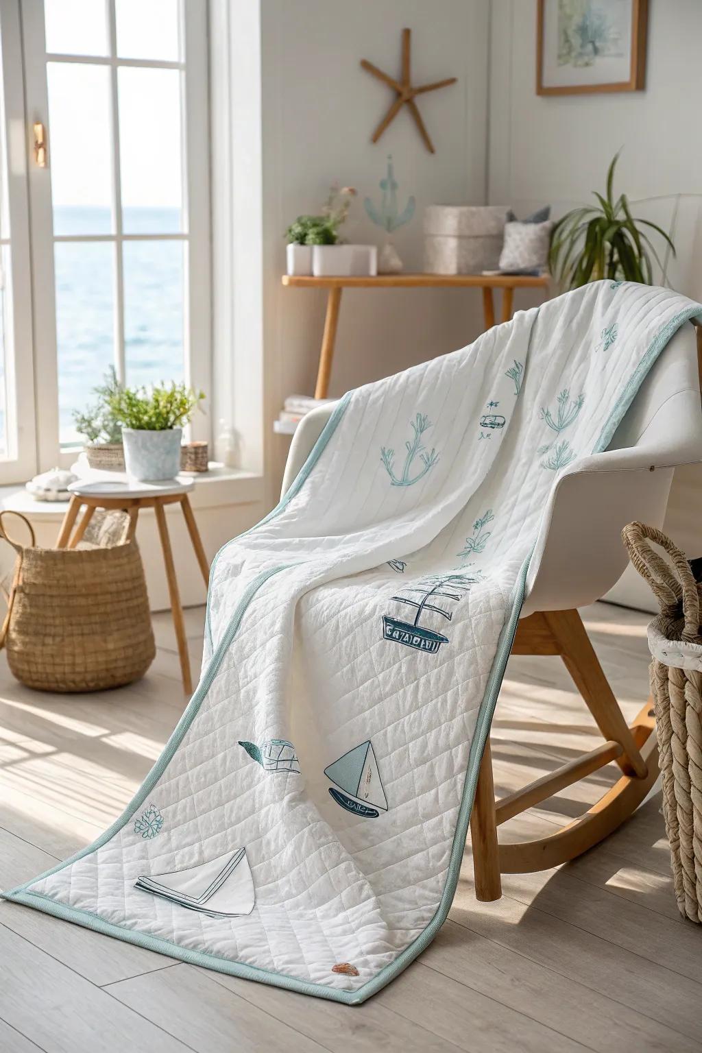 Drift away into Seaside Serenity with this charming nautical-themed baby quilt, perfect for adding a touch of coastal calm to your little one's nursery.