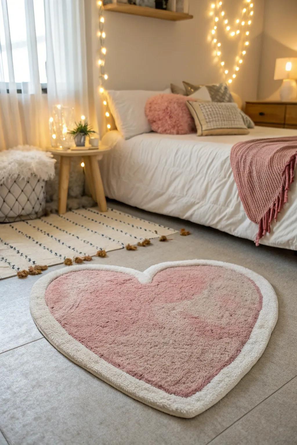 A heart-shaped rug adding style and comfort to the bedroom.