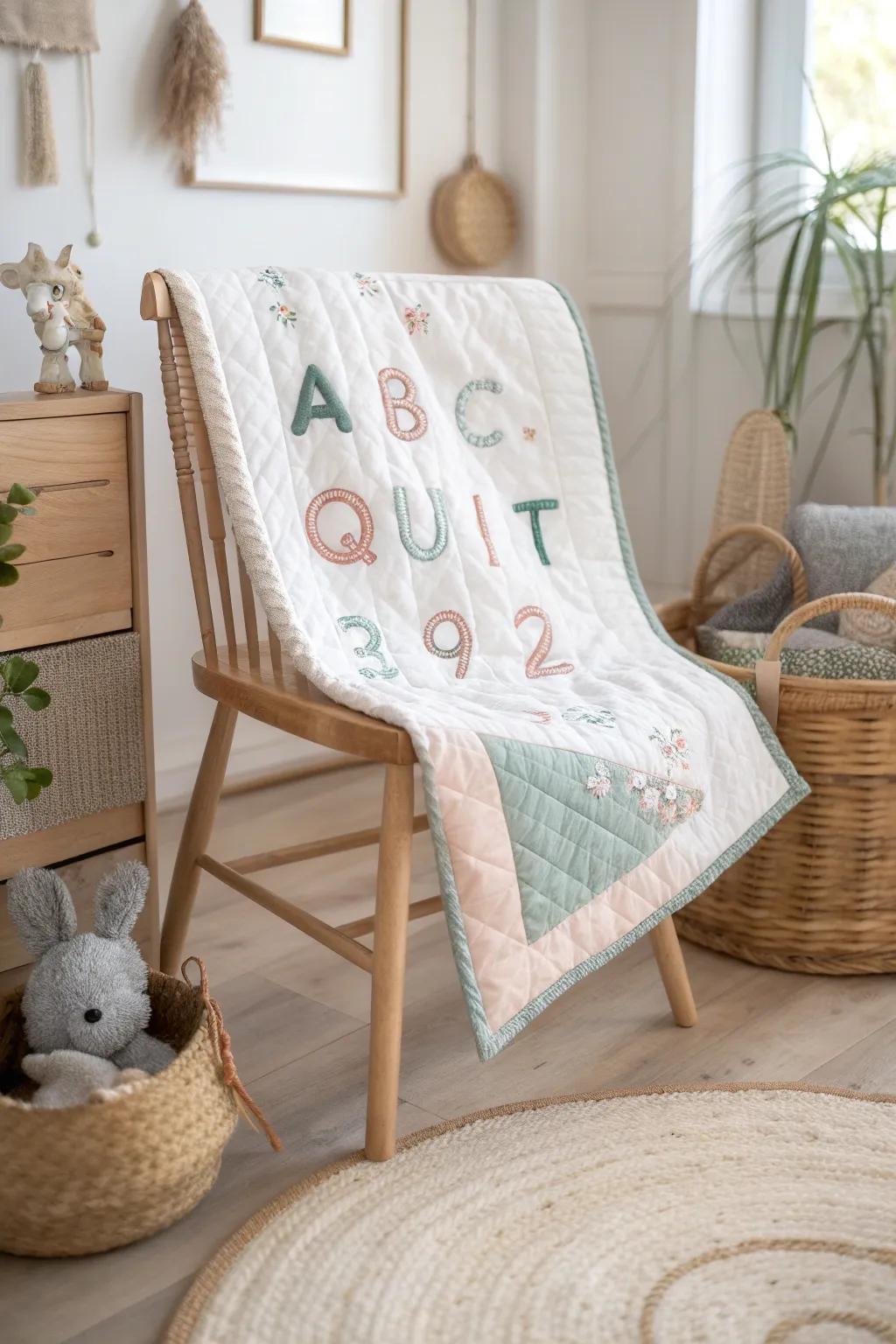 Embrace learning and style with this Alphabet Adventure baby quiltâwhere education meets elegance in every stitch.