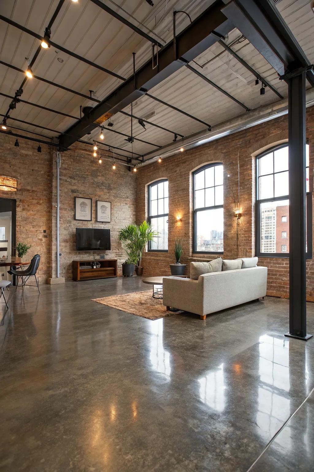 A chic industrial-style living room featuring a metallic epoxy floor.