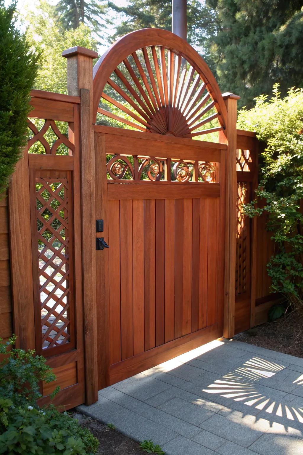 Elevate your outdoor space with a striking cedar gate featuring a captivating sunburst pattern.