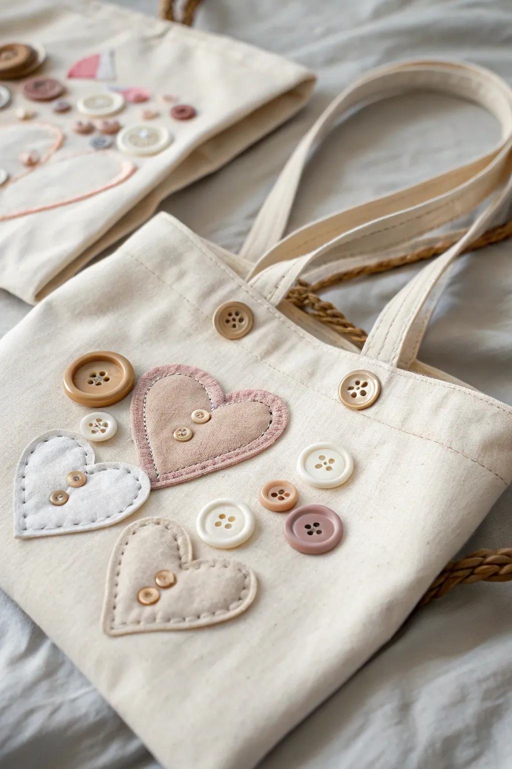 Crafted with love: Embrace the charm of button heart designs on your DIY Valentine's bag.
