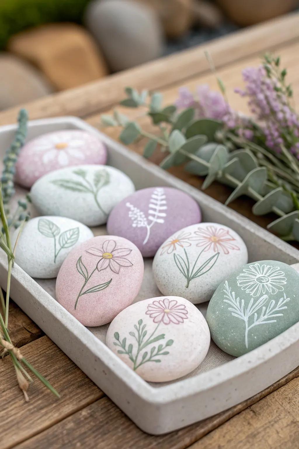 Transform simple stones into a serene garden oasis with elegant flower rock art.