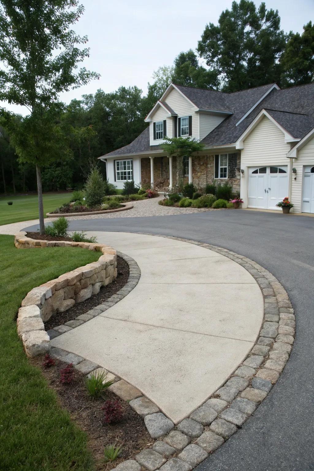Elegant stone edging defining a circular driveway.